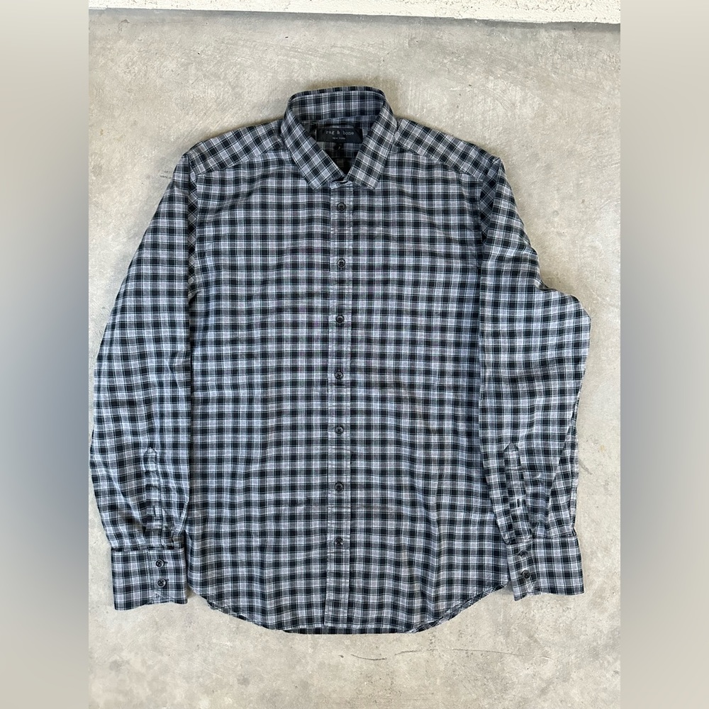 Rag & Bone Gray Plaid Button Down Shirt Size 16 Medium Men’s made in Portugal